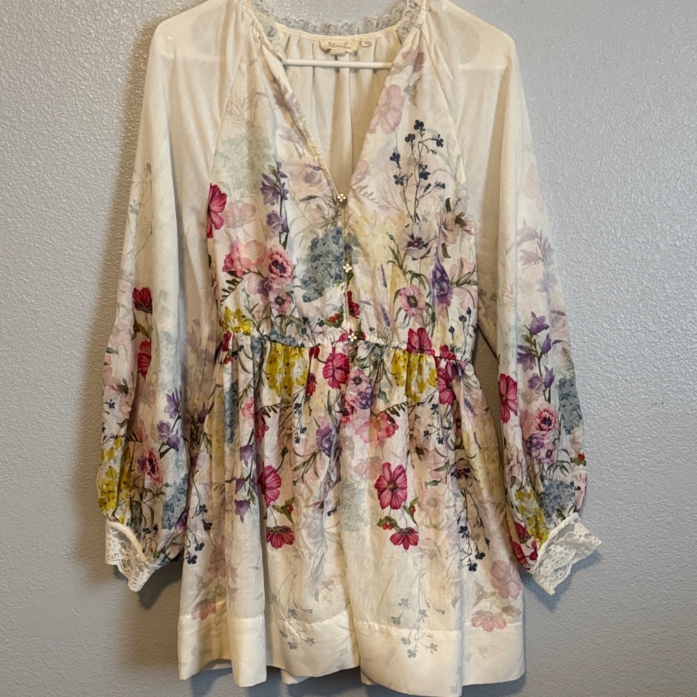 Anthropologie Floral V-Neck Peasant Blouse in Ivory with Pink & Purple Blooms